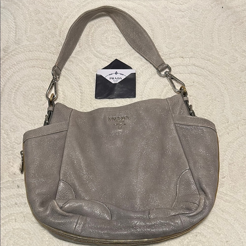 Prada Gray Hobo Shoulder Bag sparkling  Distressed Leather double zippers